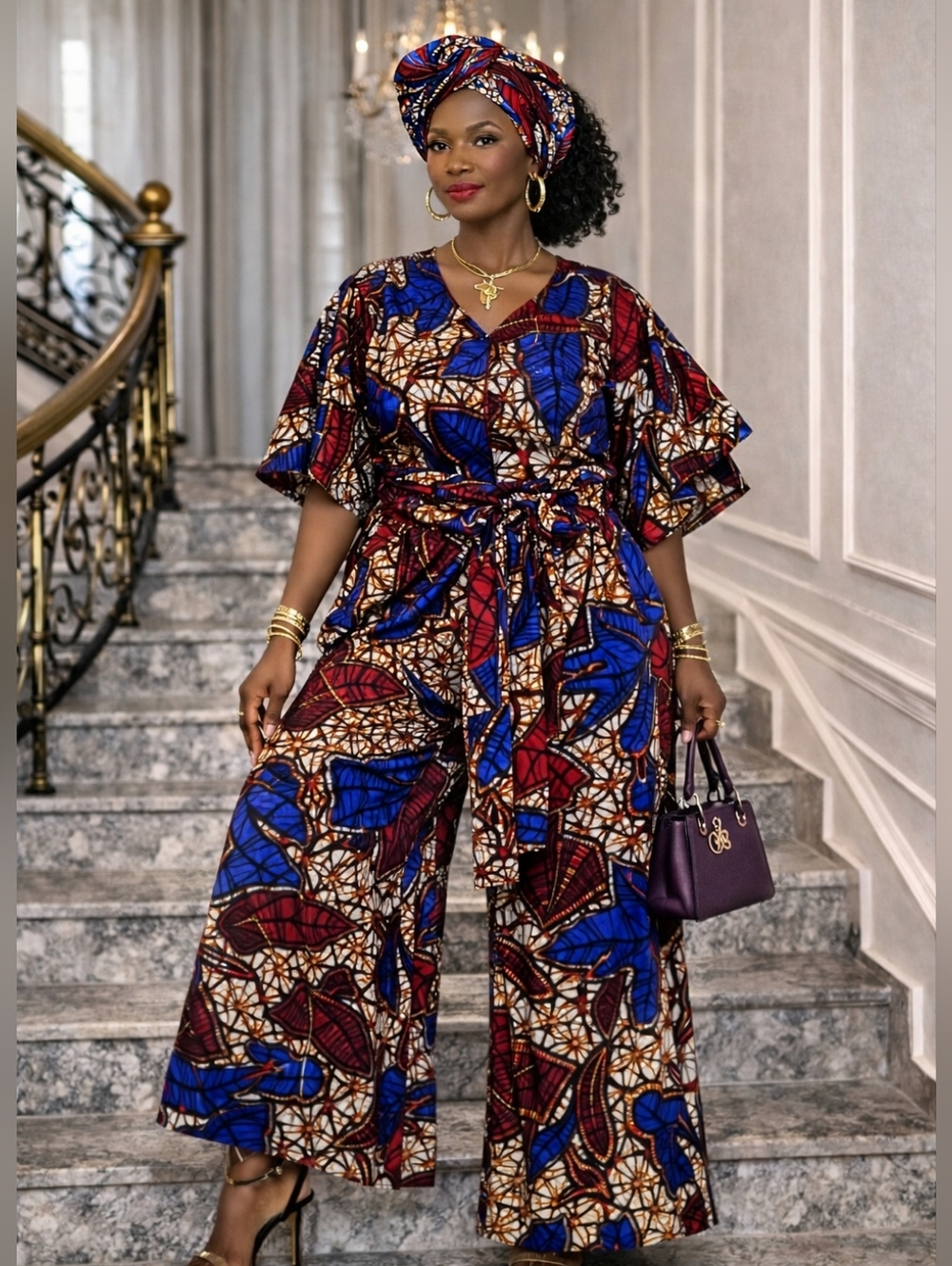 Free-Size African Print Wide-Leg Pants Blouse & Palazzo  - Fits M to 2XL